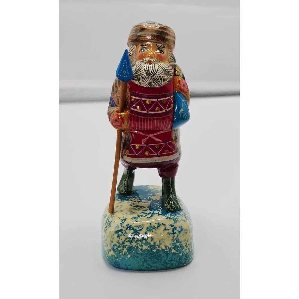 Russian Bogorodskoye Ded Moroz Santa Hand Carved Painted Wood Figurine Signed